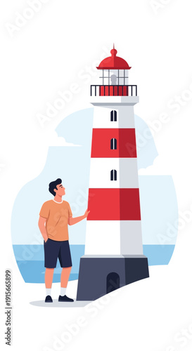 A Curious Person Standing Near A Striking Red and White Lighthouse Seeking Guidance on Ocean Waters