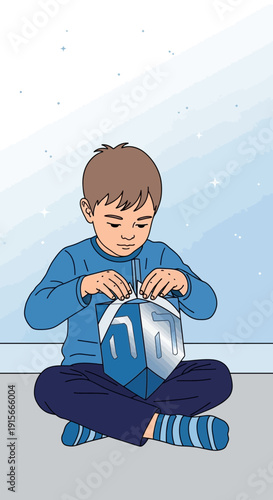 A Curious Youngster Unveiling a Distinctive Present with Intricate Decorations and Symbolic Design