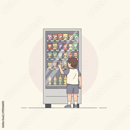 A Curious Youngster Navigates a Colorful Vending Machine Display with Eagerness