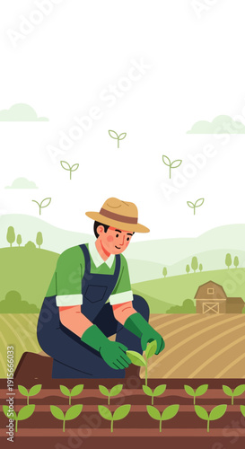 A Dedicated Agronomist Carefully Cultivating Saplings Under a Verdant, Peaceful, Rural Landscape