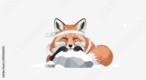 Adorable Fox Napping Comfortably On Snowy Ground With Bandana