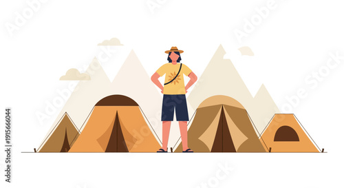Adventurous Hiker Stands Confidently Amidst Mountain Campsites