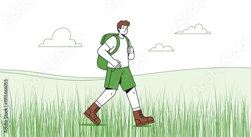 Adventurous Hiker Trekking Through Lush Green Grassy Fields Under Cloudy Skies