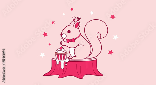 A Delightful Squirrel Savoring A Cupcake On A Pink Background With Stars