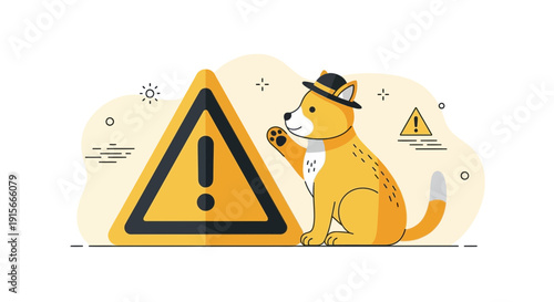 A Playful Canine Poses Near a Caution Symbol Signifying an Alert Situation