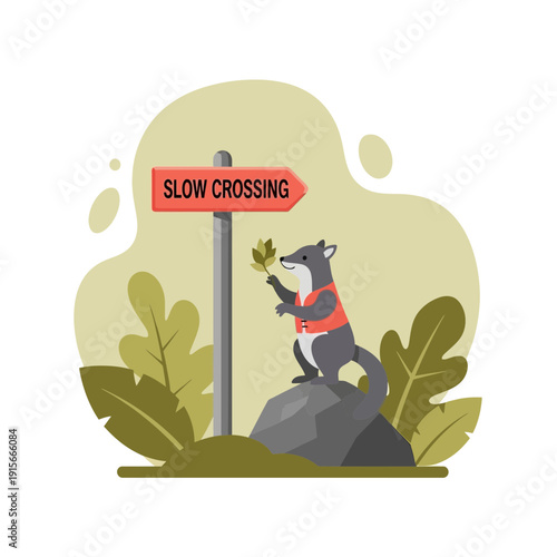 A Playful Coyote Observes Slow Crossing Sign Amidst Botanical Foliage Scenery Illustration
