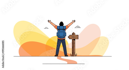 Adventurous Hiker With Arms Raised Welcomes New Journey Direction