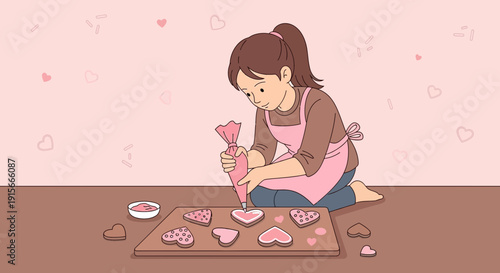 Adorable Girl Decorating Heart Shaped Cookies with Pink Icing