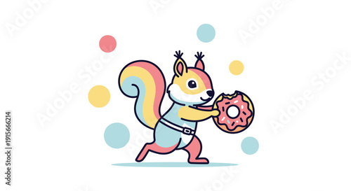A Playful Squirrel Joyfully Munching on a Colorful Donut in a Whimsical Illustration