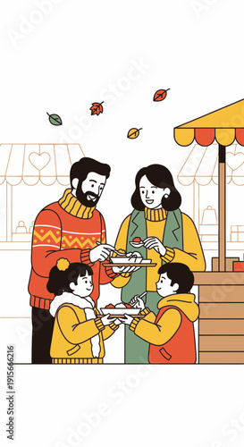 A Family's Festive Autumn Outing at a Local Market, Enjoying Culinary Delights