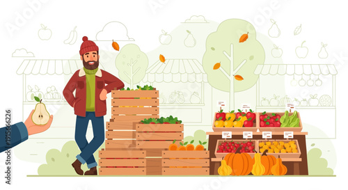 A Farmer Displaying Fresh Harvested Produce At A Charming Outdoor Autumn Marketplace