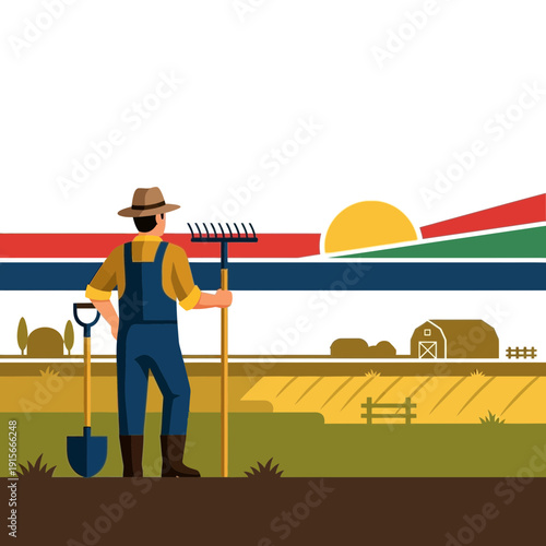 A Rural Scene Depicting a Farmer Contemplating His Vast Harvested Fields at Sunset