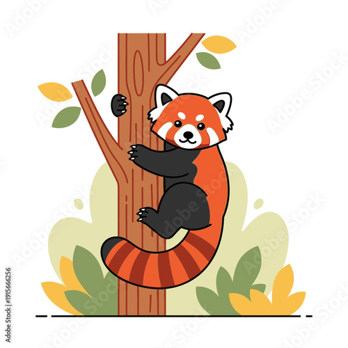 Adorable Red Panda Climbing Tree Cute Cartoon Style Wild Animal