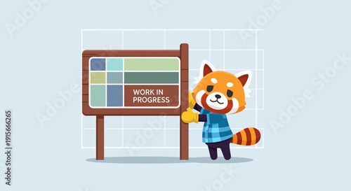 Adorable Red Panda Character Indicates Work in Progress Sign