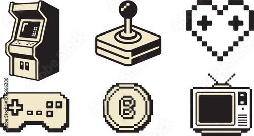 A charming collection of retro gaming icons including an arcade machine and pixelated heart symbol