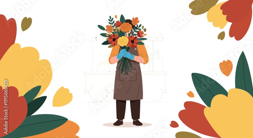 A Florist Holding A Vibrant Bouquet And Surrounded By Colorful Floral Elements