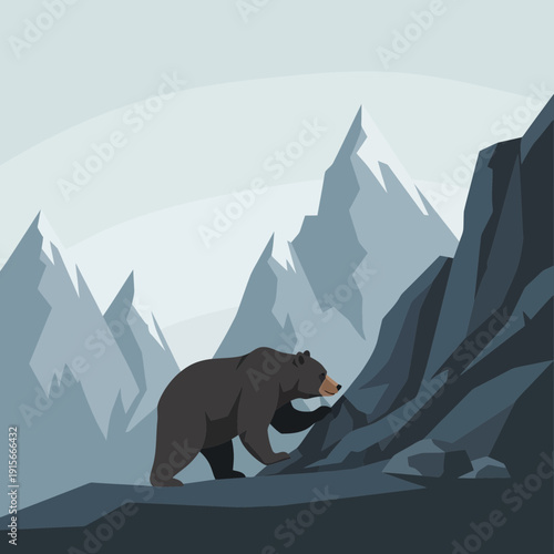 A solitary bear navigates a mountainous terrain amidst cool tones and sharp peaks Adobe Stock