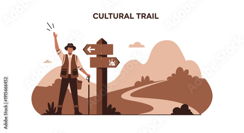 Adventurous Traveler At Cultural Trail Crossroads In Scenic Landscape
