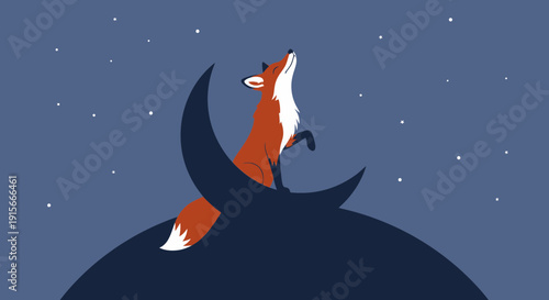 A Fox Sits Atop the Crescent Moon Under a Starlit Sky in a Minimalist Illustration