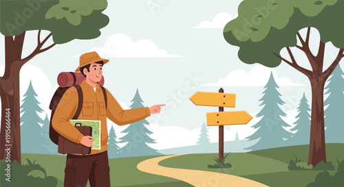 Adventurous Traveler At Wilderness Crossroads With Navigation Sign
