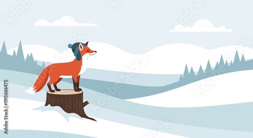 A Fox in Winter Wearing a Hat Observing The Snow Covered Landscape