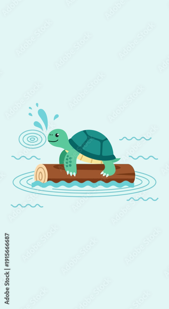 Fototapeta premium Adorable Turtle Resting On A Floating Log In Gentle Water Ripples