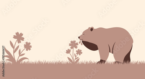 A Gentle Bear Delights In The Fragrance Of Flowers Blooming In The Meadow