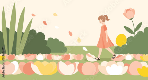 A Gentle Stroll Across a Floral Landscape Underneath a Soothing Sky