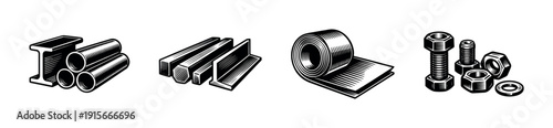 Industrial flat vector icons set. metal pipes, steel beams, hardware and fasteners collection