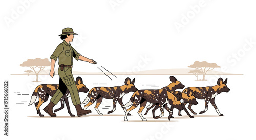 African Wildlife Ranger Leads Pack Of Wild Dogs Across Savannah Plains