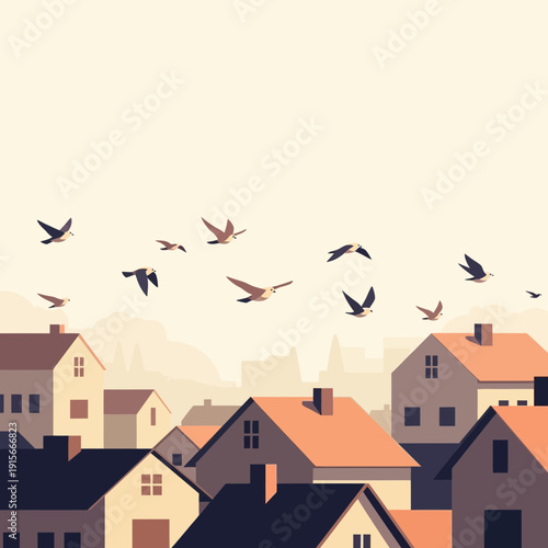 Aesthetic Vector Illustration Depicting Urban Dwellings With Soaring Avian Elements
