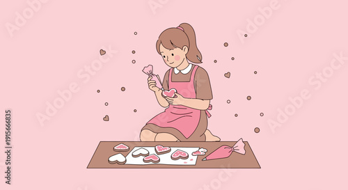 Adorable Young Girl Decorating Heart Shaped Cookies with Icing Bag