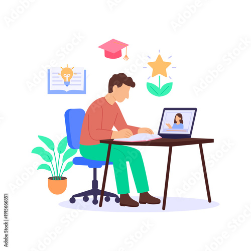 Self Learning, encouraging independent continuous knowledge growth, Flat vector character illustration
