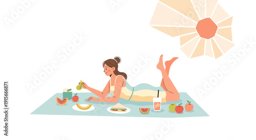 A Woman Enjoys a Refreshing Picnic Under a Sunny Umbrella