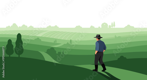 Agrarian Panorama Person Contemplating Vast Verdant Agricultural Fields