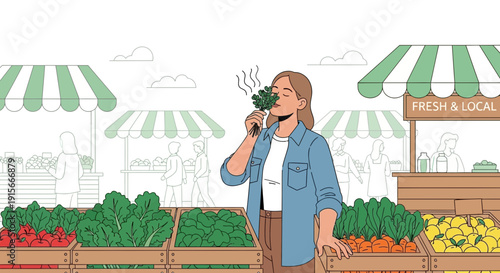A Woman Enjoys The Fresh Aroma Of Greens At A Bustling Farmers Market
