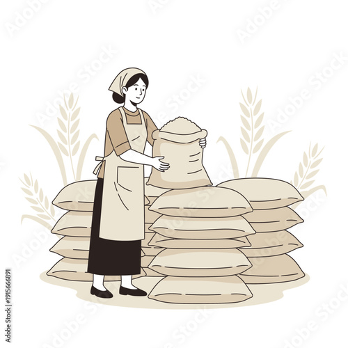 Agricultural Harvest Woman Holding Sack Of Grain Surrounded By Stacks Of Sacks