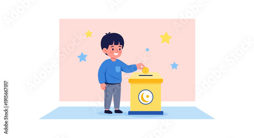A Young Boy Joyfully Contributing Money Into Donation Box Illustration