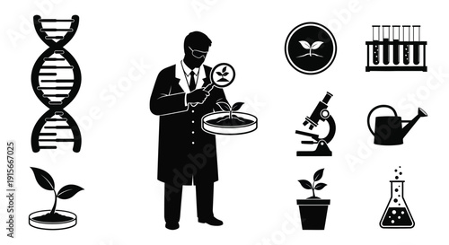 Scientific research icons depicting genetics biology and plant growth