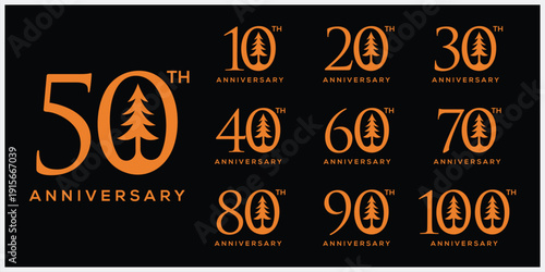 Collection of number 10 to 100 pine tree anniversary logo design. Celebration days special vector symbol icon concept, serif font graphic symbol