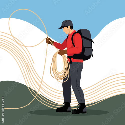 Adventure Seeker Prepares For Outdoor Exploration With Durable Climbing Rope