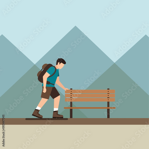 Adventure Seeker Pauses At Scenic Mountain Trail Rest Stop