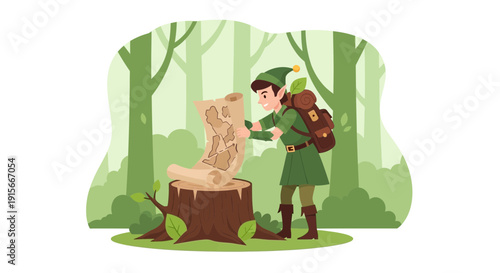 Adventure Seeker With Map In Lush Forest Illustration