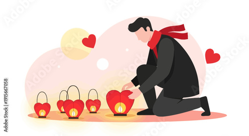 A Man's Romantic Moment Lighting Up Heart Shaped Lanterns During Sunset