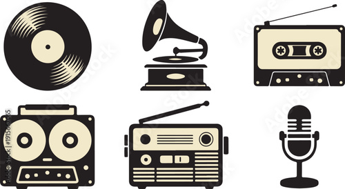 A collection of vintage audio equipment icons including a record, gramophone, cassette, and radio devices