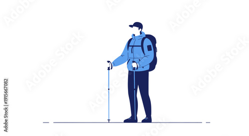 Adventure Trekker With Backpack And Hiking Poles Ready For Expedition