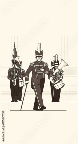 A Marching Band Leader Commands His Ensemble, Performing In Uniform With Musical Instruments