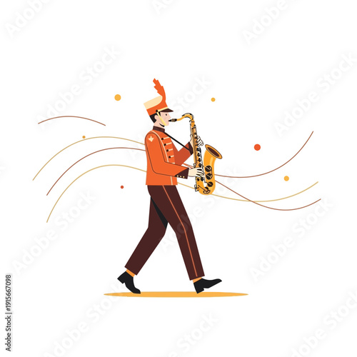 A Marching Band Member, Soloist Playing Saxophone in Uniform, Vector Illustration for Design