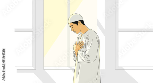 A Muslim Man with Eyes Closed in Religious Contemplation Near A Window