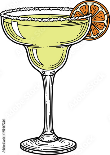 Classic margarita in a stylish glass garnished with a lime wedge isolated on transparent background, Vector